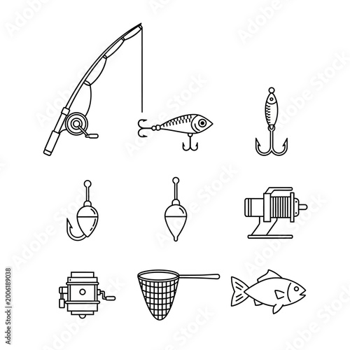 Fishing equipment line art illustration isolated on white background
