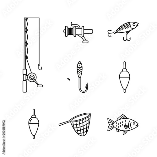 Fishing equipment vector illustrations set for outdoor recreation activities