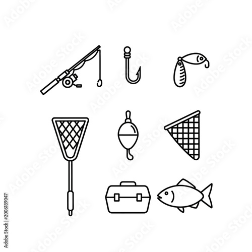 Fishing equipment vector illustrations set for outdoor recreation and activities