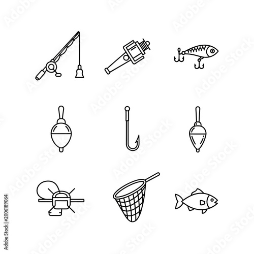 Fishing icons set rod reel lure hook bobber net and fish elements