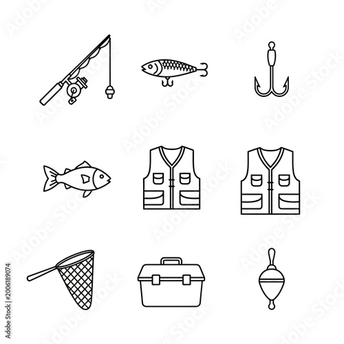 Fishing icons set rod fish hook vest net tackle box and float