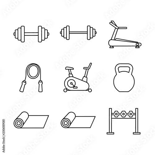 Fitness equipment icons set on white background for health and exercise