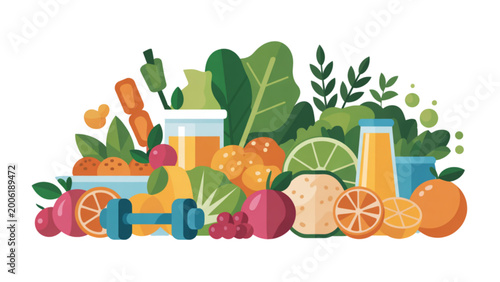 Konstfotografi Colorful assortment of fresh fruits and vegetables with herbs and kitchen tools
