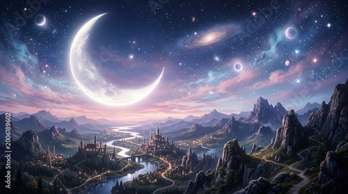 Glowing Crescent Moon Over Fantasy Mountain Kingdom Under Starry Cosmic Sky