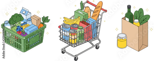 Isometric grocery shopping vector set, full supermarket basket and metal cart with food, brown paper bag with fresh organic products and vegetables