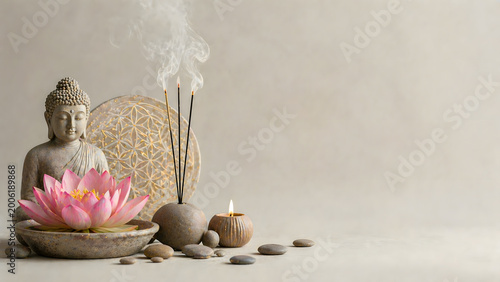 Serene Buddha statue with lotus flower and incense on neutral background  