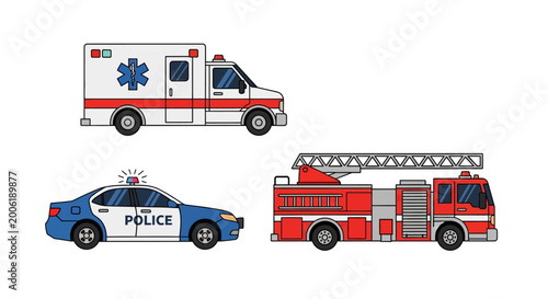 Fotografía Collection of emergency vehicles: ambulance, police car, and fire truck