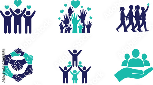 Community support icons set, charity and volunteer work symbols, people helping hands and teamwork vector illustrations for non-profit organizations