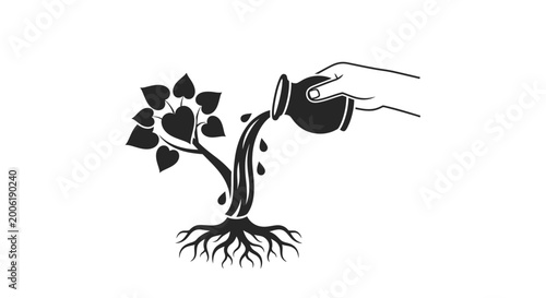 Photography Hand watering a small plant growth.