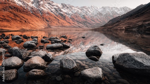 Rocky shoreline meets placid water reflecting massive, snow-dusted mountainsides
