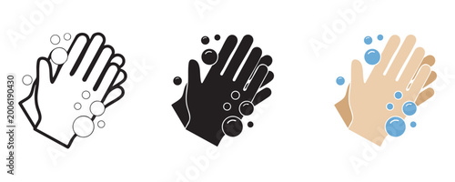 Obraz na płótnie Washing hands together with soap and bubbles outline solid black and colored version hygiene concept vector illustration