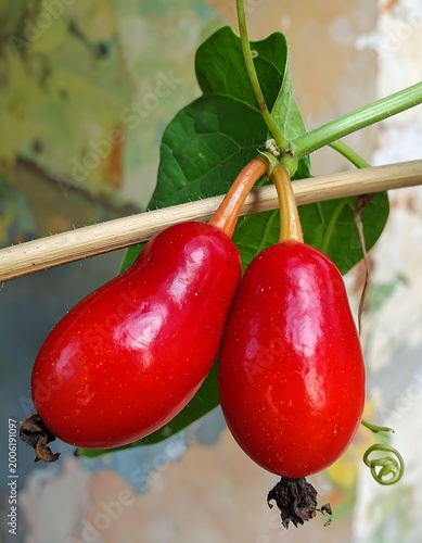 Two vibrant red fruits hang from a branch