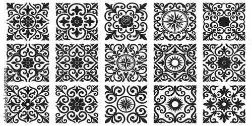 Obraz na plátně Set of black and white vintage floral square tiles with intricate scrollwork pat