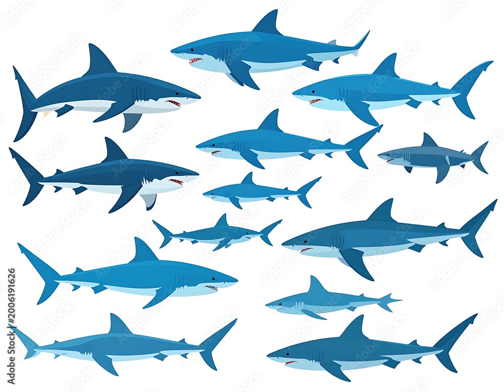 Obraz premium A group of various shark illustrations in different shades of blue
