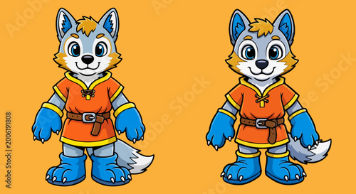 Cute wolf mascot character vector, anthropomorphic furry wolf in orange tunic, friendly cartoon animal warrior for gaming and children branding
