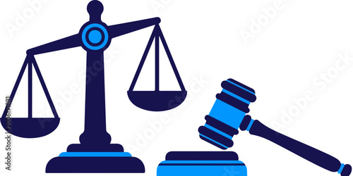 Justice scales and judge gavel vector illustration, legal system symbols in navy and light blue, law firm branding and courtroom concept graphics