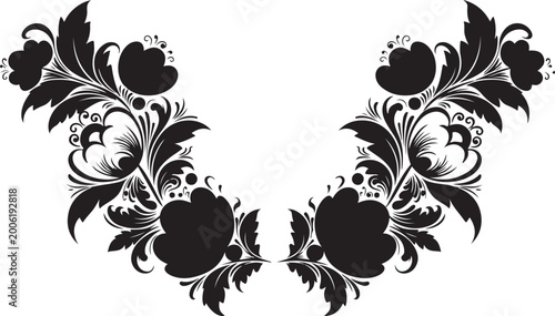 Tableau sur toile Symmetrical floral border corner design in traditional khokhloma black silhouette pattern