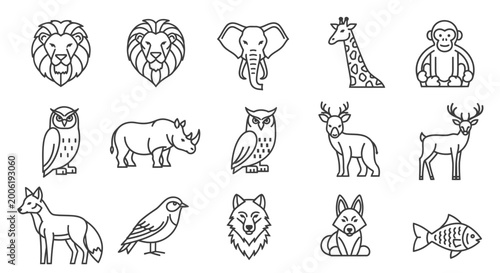 Photography Minimalist Line Art Animal Icon Collection on White Background