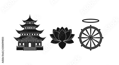 Tableau sur toile Buddhist temple and religious symbols.