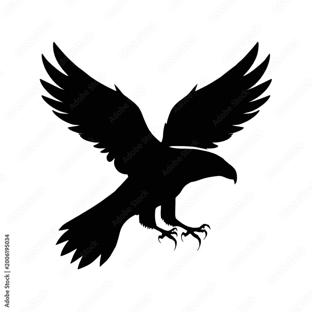 Fototapeta premium Eagle in flight vector silhouette with spread wings in tribal tattoo style depicting a wild bird symbol in black illustration