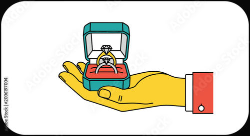 A stylized illustration depicts a hand presenting an open ring box containing a diamond engagement ring
