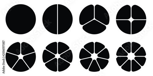 Donut charts, pies segmented on equal parts. Diagram infographic set. Circle section graph. Wheels divided in sections. Pie chart round icons. Loading bar layout icon set. Eps 10.