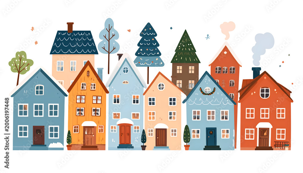 Fototapeta premium Scandinavian style houses and city buildings form a cozy town panorama featuring urban street exteriors with chimneys and smoke clouds generative AI