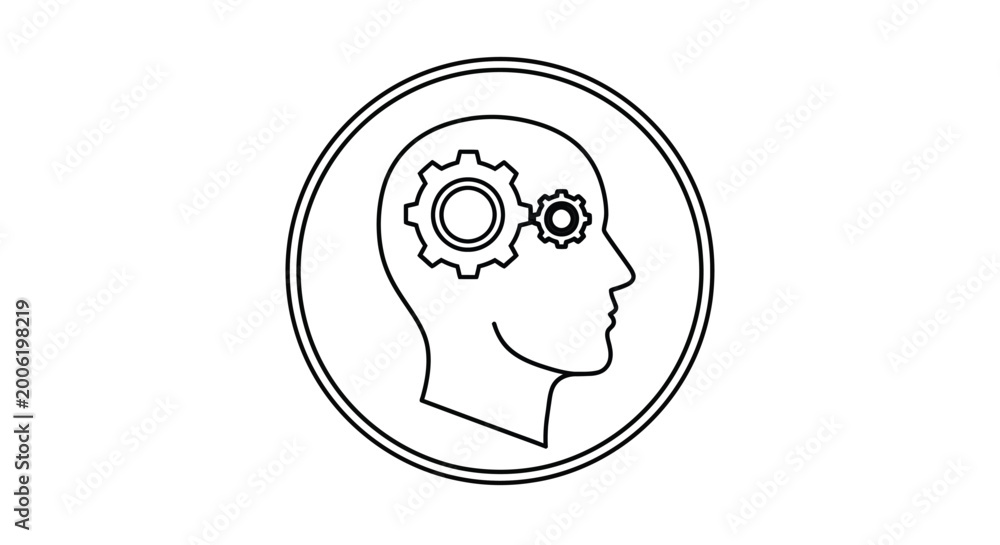 Obraz premium A minimalist line drawing depicts a human head in profile with gears inside symbolizing thought