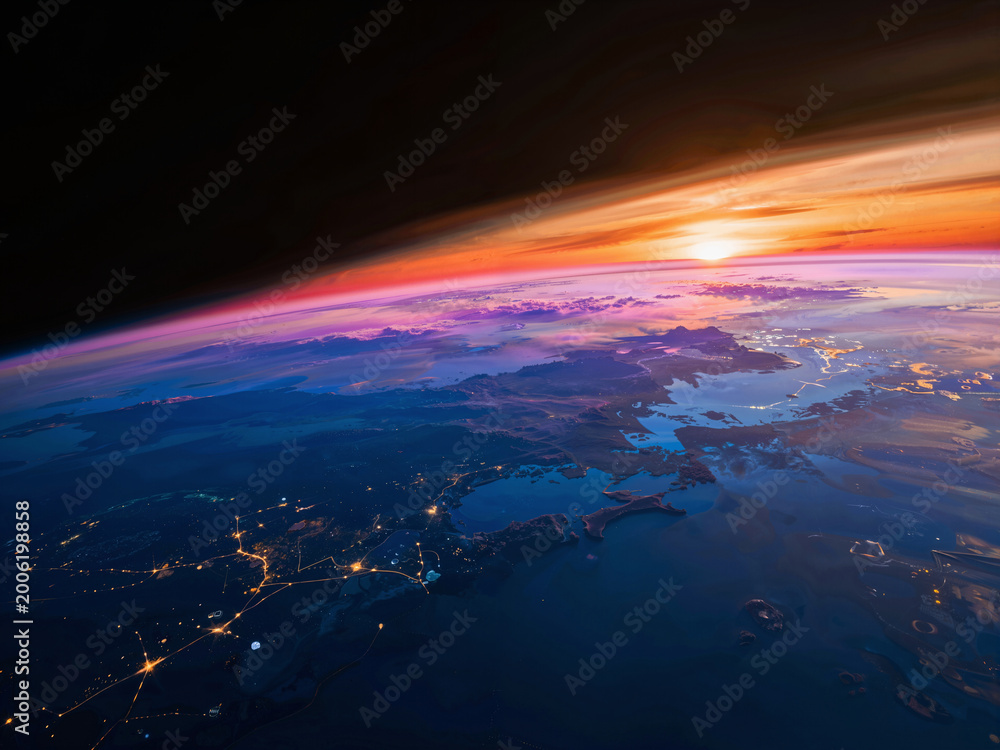 Fototapeta premium Earth view from space at sunset