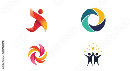 Abstract logo designs featuring vibrant shapes human figures and sparkling starbursts on a white background