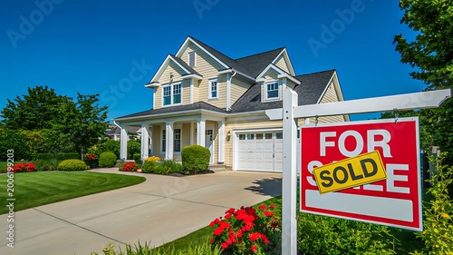 House with for sold sign in front yard real estate property sale and home ownership concept