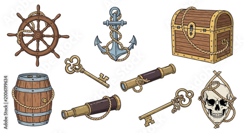 Bild auf Leinwand Collection of hand-drawn pirate and nautical themed objects including a ships wheel, anchor, treasure chest, barrel, spyglasses, keys, and a skull