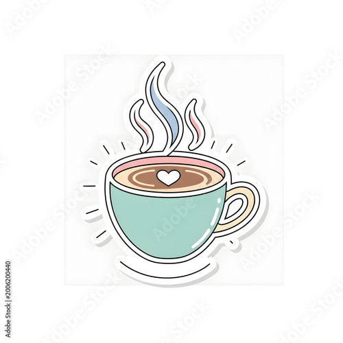 Cute Mint Green Latte Cup Sticker with Heart Foam and Colorful Steam