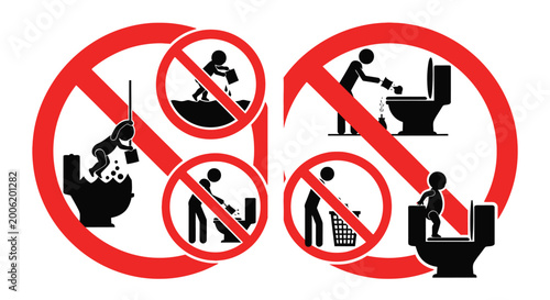 Fényképezés Prohibited actions depicted in black silhouettes inside red circles no climbing