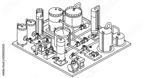 Schilderij op canvas Industrial water treatment plant isometric line drawing illustration