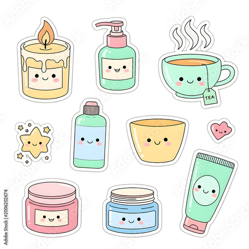 Cute Kawaii Spa and Self Care Sticker Collection with Skincare Products