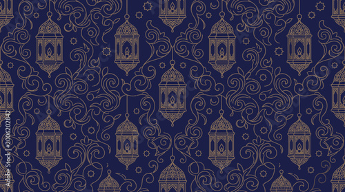 Intricate blue seamless pattern featuring ornate architectural motifs and arabesque-inspired ornament in a repeating damask style.