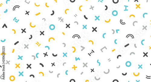 Colorful abstract pattern featuring a variety of geometric shapes like crosses, circles, and squiggles on a white background.