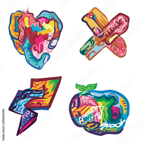 vector graffiti of heart, thunder, cross, and apple shape.