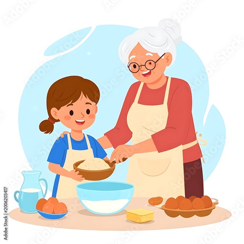 A young girl and an elderly woman baking together