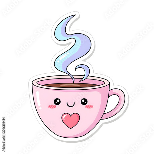 Cute Pink Coffee Cup Sticker with Colorful Swirling Steam and Heart