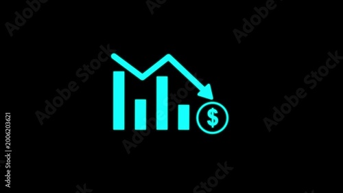 Business loss falling down with dollar icon, financial graph chart. black background. Motion graphics of concept. animation