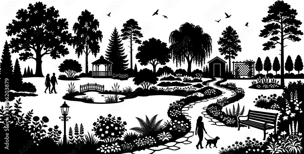 Naklejka premium Botanical garden paths wind through the park