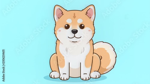 Cute Adorable Shiba Inu Dog Sitting Front View Cartoon Style
