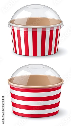Two red and white striped paper cups with clear domed lids