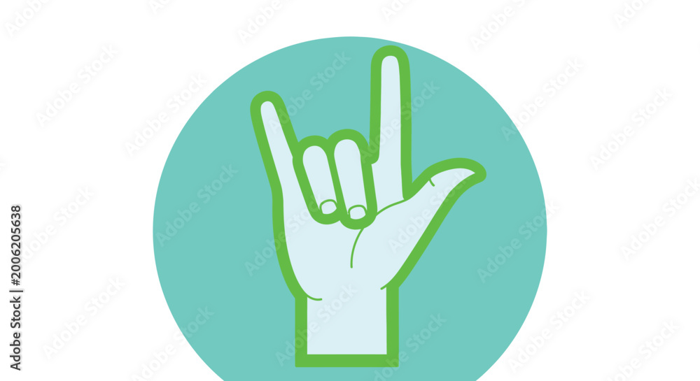 Obraz premium A vibrant illustration depicts a hand forming the rock on sign against a circular teal background