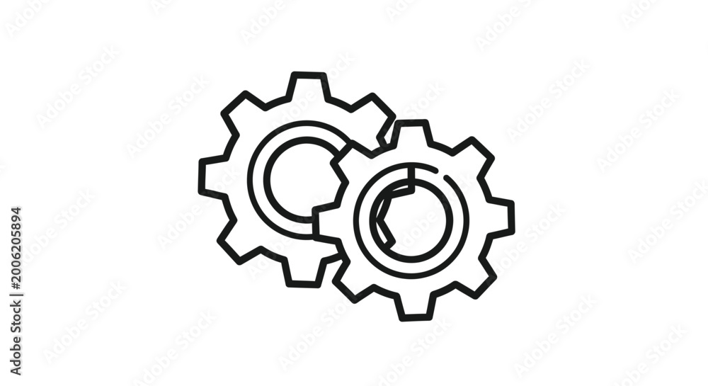 Fototapeta premium Two interlocking black gears depicted in a simple line drawing symbolizing mechanics and connection
