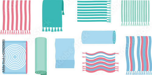 Fotografia Beach towels vector set featuring striped and patterned towels in soft pastel co