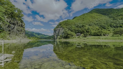 안동 고산정 협곡 여름 HDR 타임랩스, 강 양쪽 기암절벽과 전통 정자 풍경