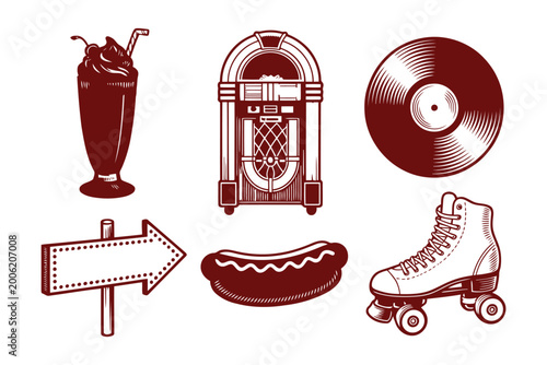 Vintage diner themed icons featuring milkshake jukebox vinyl record and skates.